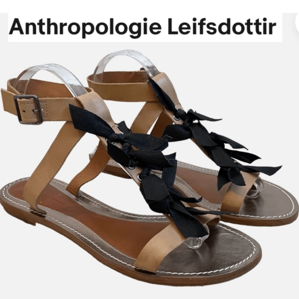 Anthropologie Leifsdottir Ulrika Tan, Black Bows Flat Sandals, 37.5, CB2359 - Picture 1 of 5